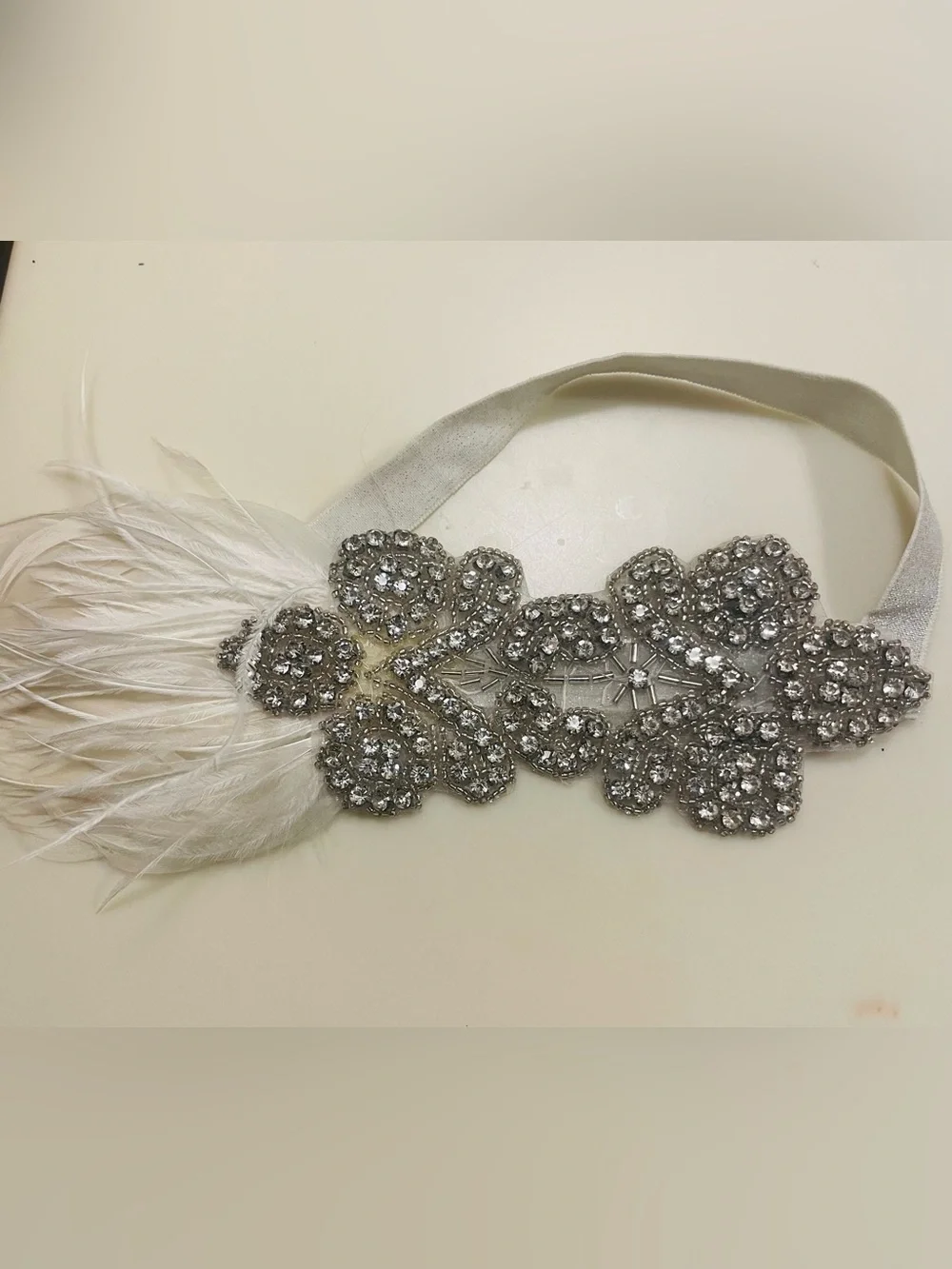 Crystal Embellished Silver Headband with White Feather